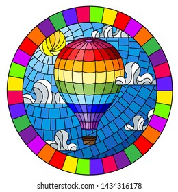 Illustration in stained glass style with balloon on sky, sun and clouds background, oval picture in bright frame