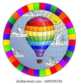 Illustration in stained glass style with balloon on sky, sun and clouds background, oval picture in bright frame