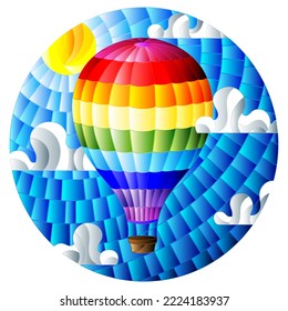 Illustration in stained glass style with balloon on sky, sun and clouds background, oval picture 