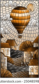 Illustration in stained glass style with  balloon flying over the city on the background of cloudy sky and sun, tone brown