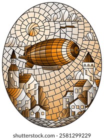 Illustration in stained glass style with balloon flying over the city on the background of cloudy sky and sun, oval image, tone brown