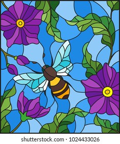 Illustration in stained glass style with bee on background of branches with purple flowers, leaves and sky