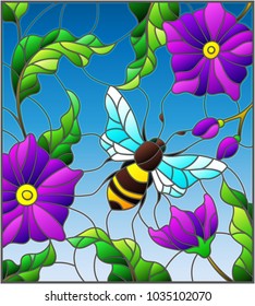 Illustration in stained glass style with bee on background of branches with purple flowers, leaves and sky