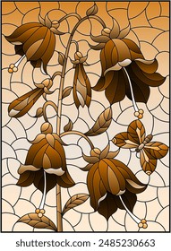 Illustration in stained glass style with a bell flower and a butterfly on a sky background, tone brown