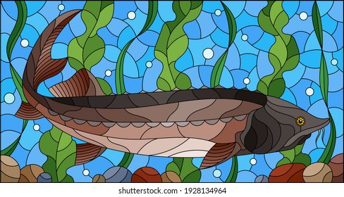 Illustration in stained glass style with beluga fish on the background of algae, air bubbles and water