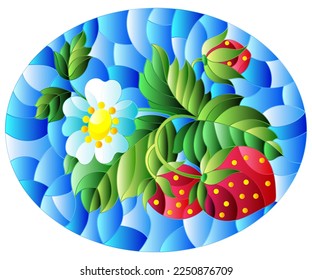 Illustration in stained glass style with berries and leaves of ripe strawberries on a blue background, oval image