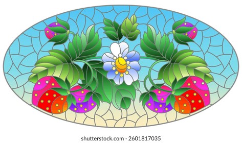 Illustration in stained glass style with berries and leaves of ripe strawberries on a blue background, oval image