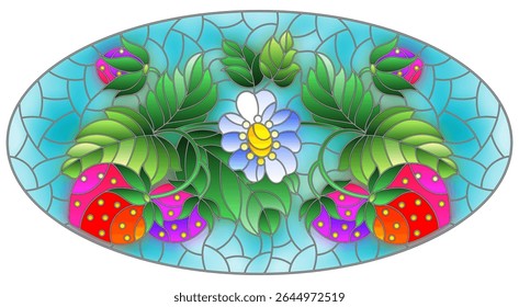 Illustration in stained glass style with berries and leaves of ripe strawberries on a blue background, oval image