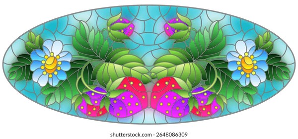 Ilustração em estilo de vidro manchado com bagas e folhas de morangos maduros em um fundo azul, imagem oval