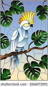 Illustration in stained glass style  bird white cockatoo parakeet on branch tropical tree against the sky