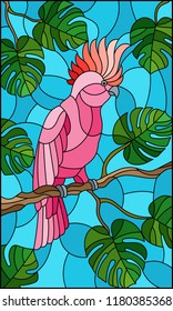 Illustration in stained glass style  bird pink cockatoo parakeet on branch tropical tree against the sky