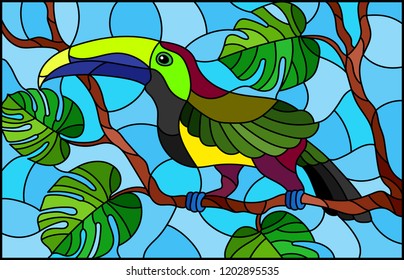 Illustration in stained glass style bird Toucan on branch tropical tree against the sky