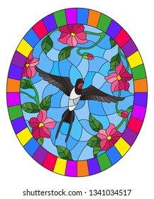 Illustration in stained glass style with bird swallow on background of flowers and sky, oval picture in bright frame