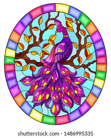 Illustration in stained glass style bird peacock and tree branches on background of blue sky, oval image in bright frame