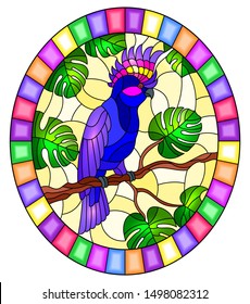 Illustration in stained glass style  bird blue cockatoo parakeet on branch tropical tree against the sky,oval image in bright frame