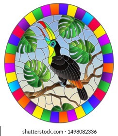 Illustration in stained glass style bird Toucan on branch tropical tree against the sky, oval image in bright frame