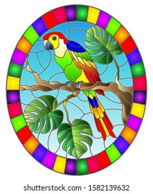 Illustration in stained glass style bird parakeet on branch tropical tree against the sky, oval image in bright frame