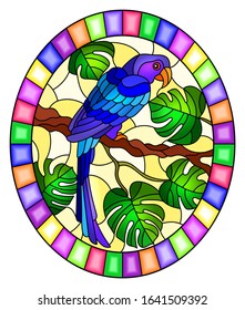 Illustration in stained glass style bird parakeet on branch tropical tree against the sky, oval image in bright frame