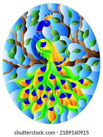 Illustration in stained glass style bird peacock and tree branches on background of blue sky, oval image 