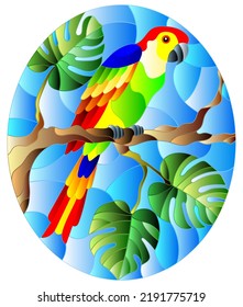 Illustration in stained glass style bird parakeet on branch tropical tree against the sky, oval image 