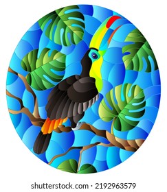 Illustration in stained glass style bird Toucan on branch tropical tree against the sky, oval image 