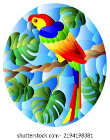 Illustration in stained glass style bird parakeet on branch tropical tree against the sky, oval image 
