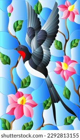 Illustration in stained glass style with a bird swallow on background of the sky ,greenery and pink flowers