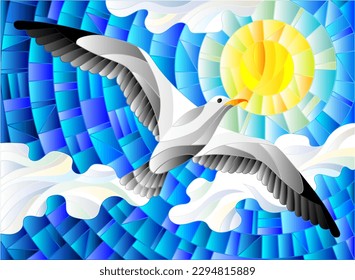 Illustration in stained glass style with a bird Seagull on the background of sky, sun and clouds