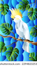 Illustration in stained glass style  bird white cockatoo parakeet on branch tropical tree against the blue sky background