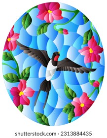 Illustration in stained glass style with bird swallow on background of flowers and sky, oval picture