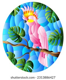 Illustration in stained glass style  bird pink cockatoo parakeet on branch tropical tree against the sky,oval image 
