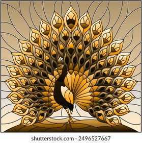 Illustration in stained glass style with bird peacock on sky, tone brown
