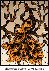 Illustration in stained glass style bird peacock and tree branches on background of sky, tone brown