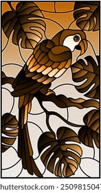 Illustration in stained glass style bird parakeet on branch tropical tree against the sky, tone brown