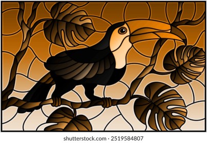 Illustration in stained glass style bird Toucan on branch tropical tree against the sky, tone brown