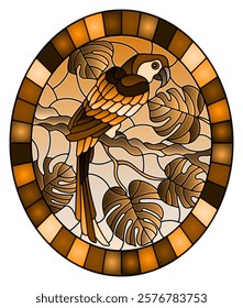 Illustration in stained glass style bird parakeet on branch tropical tree against the sky, oval image in frame, tone brown