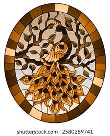 Illustration in stained glass style bird peacock and tree branches on background of blue sky, oval image in frame, tone brown