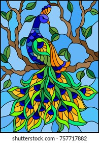 Illustration in stained glass style bird peacock and tree branches on background of blue sky