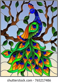 Illustration in stained glass style bird peacock and tree branches on background of blue sky