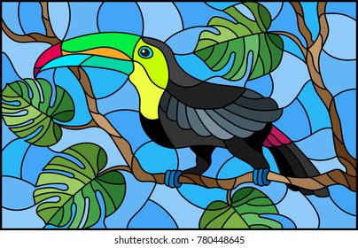 Illustration in stained glass style bird Toucan on branch tropical tree against the sky