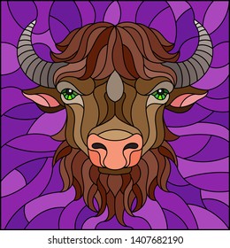 Illustration in stained glass style with bison head on purple background