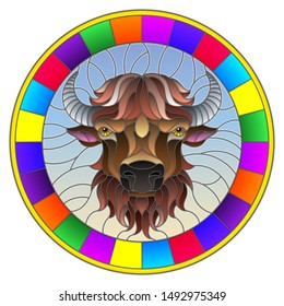 Illustration in stained glass style with bison head in round frame on white background