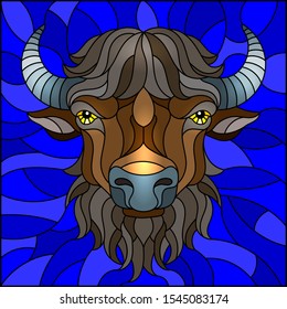 Illustration in stained glass style with bison head on blue background