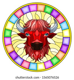 Illustration in stained glass style with bison red head in round frame on white background