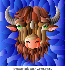 Illustration in stained glass style with bison head on a blue background