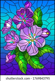 Illustration in stained glass style with a blossom branch , purple flowers, buds and leaves on a sky background