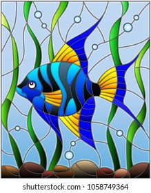 Illustration in stained glass style blue  fish scalar on the background of water and algae