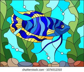 Illustration in stained glass style blue  fish  on the background of water and algae