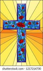 Illustration in stained glass style with blue Christian cross decorated with  red roses on yellow background