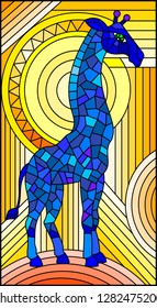 Illustration in stained glass style,  blue giraffe on  abstract orange  geometric background with sun